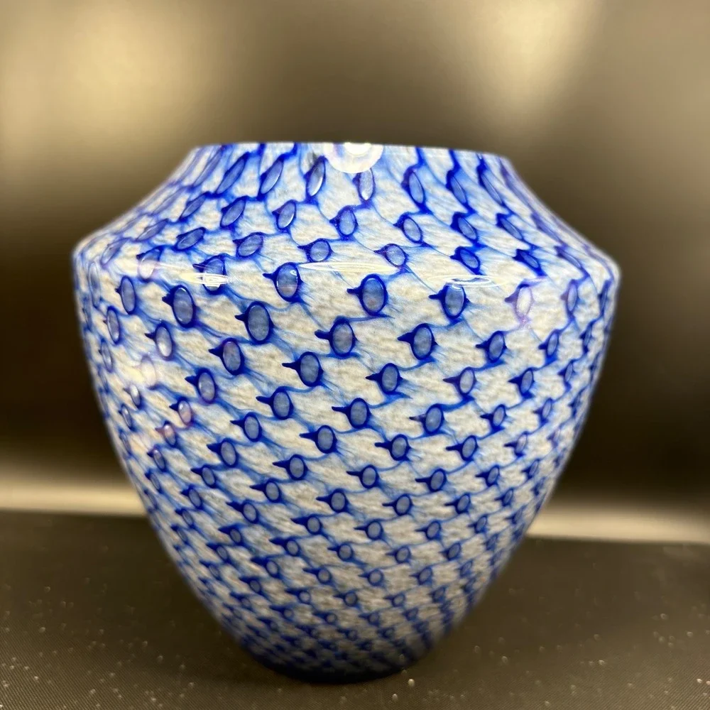 Positano Italy Blue White Art Glass Vase 9 Inch Tapered Honeycomb Pattern Vessel